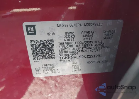 2019 GMC Acadia Slt-1 из США, поврежденный, VIN 1GKKNVLS2KZ231201